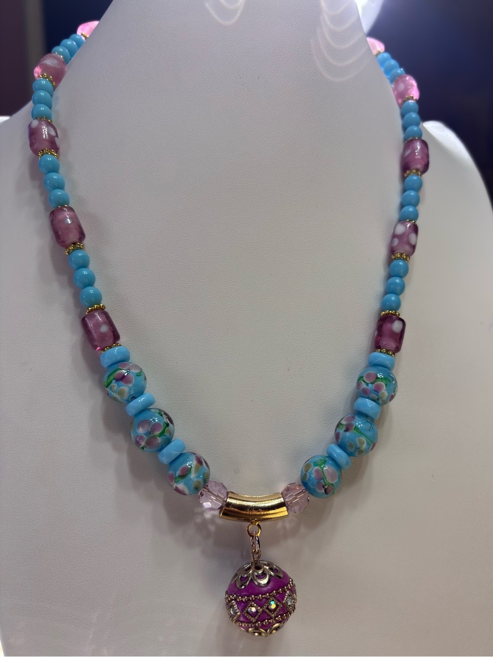Pink and Blue Lamp work Beaded Necklace 20 inches.
